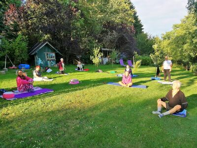 Acht Peronen mit Yogamatten auf einer grünen Wiese