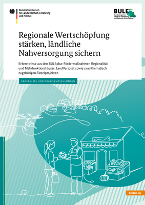 Titelseite der Publikation "Regionale Wertschöpfung stärken, ländliche Nahversorgung sichern", grafisch gestaltet mit der Zeichnung eines kleinen Ortes, einer Drohne und eines Hofladens