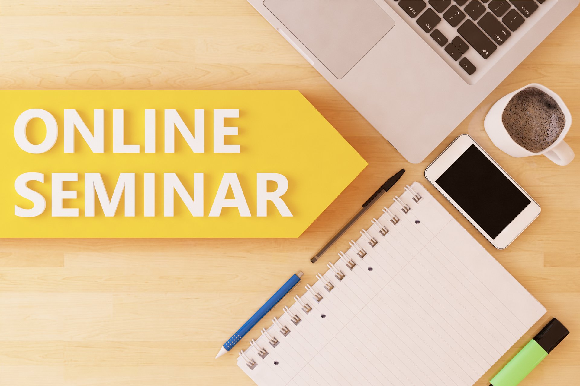 Bild mit Terminkalender, Stiften, Smartphone und Laptop im Anschnitt, ein Schriftzug im Pfeil in dem Online-Seminar steht