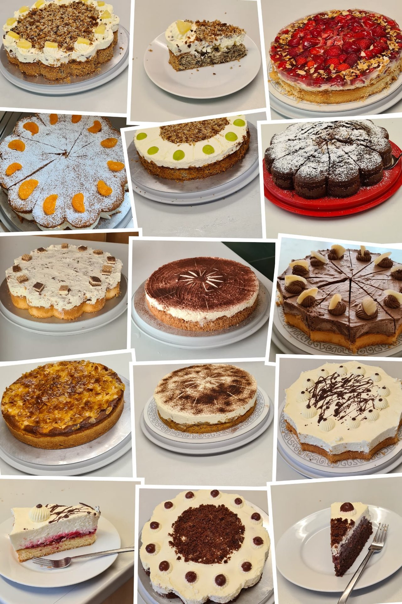 Fotocollage mit 12 gebackenen Kuchen und Torten